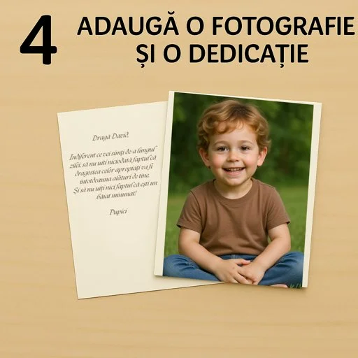Adaugă o fotografie și o dedicație. Vor apărea așa cum le-ai trimis în paginile cărții